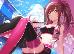 Rule 34 | 1girl, bare arms, bare shoulders, black skirt, blush, breasts, closed mouth, collarbone, earrings, from below, hair ornament, highres, idolmaster, idolmaster shiny colors, jewelry, kurageso, large breasts, long hair, looking at viewer, osaki amana, outdoors, parasol, ponytail, purple hair, race queen, sitting, skirt, smile, solo, thighhighs, thighs, two-tone thighhighs, umbrella, yellow eyes