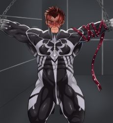 Rule 34 | 1boy, absurdres, akashi (alter) (live a hero), bara, black bodysuit, blush, bodysuit, bound, bound wrists, bulge, closed mouth, covered abs, erection, erection under clothes, highres, kaido (62145659), kneeling, large pectorals, live a hero, male focus, muscular, muscular male, pectorals, red eyes, red hair, restrained, scar, scar on face, scar on nose, short hair, skin tight, solo, visor