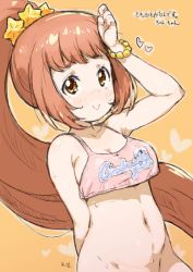Rule 34 | 1girl, arm behind back, artist name, blush, bottomless, bracelet, breasts, brown hair, character name, cleavage, clenched hand, clothes writing, crop top, hair ornament, hand on own forehead, heart, idolmaster, idolmaster cinderella girls, jewelry, long hair, looking at viewer, medium breasts, navel, no panties, orange background, pink shirt, ponytail, randou, shirt, sidelocks, smile, solo, star (symbol), star hair ornament, stomach, sweat, tank top, very long hair, wakabayashi tomoka, wiping forehead
