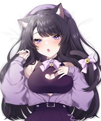 Rule 34 | 1girl, :o, absurdres, animal ears, bad id, bad twitter id, bell, belt, beret, black belt, black hair, bow, breasts, cat ears, cat girl, cat tail, cleavage, cleavage cutout, clothing cutout, commentary, english commentary, hand on own chest, hat, highres, indie virtual youtuber, lying, medium breasts, on back, purple bow, purple eyes, purple hat, purple skirt, purple sweater, second-party source, shimotsuki miri, skirt, solo, sou (sousan xxxx), sweater, sweater tucked in, tail, tail bow, tail ornament, two side up, virtual youtuber