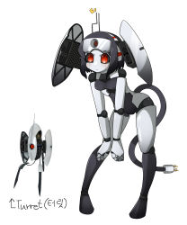 Rule 34 | 1girl, absurdres, antennae, black hair, black sclera, cable, cable tail, colored sclera, colored skin, commentary request, full body, gomulgong, highres, humanoid robot, joints, leaning forward, mechanical tail, personification, portal (series), red eyes, reference inset, robot, robot joints, short hair, solo, standing, tail, sentry turret (portal), white background, white skin