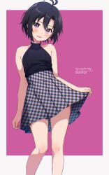 Rule 34 | 1girl, absurdres, antenna hair, bare shoulders, black hair, black shirt, blush, chromatic aberration, commentary request, earrings, embarrassed, feet out of frame, flat chest, gyorui (katsuwo drawing), high-waist skirt, highres, idolmaster, idolmaster (classic), jewelry, kikuchi makoto, looking at viewer, parted lips, purple eyes, shirt, short hair, simple background, skirt, skirt hold, sleeveless, sleeveless shirt, solo, standing, sweatdrop, two-tone background, wavy mouth