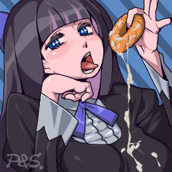 Rule 34 | 10s, 1girl, blue eyes, blush, colored inner hair, cum, cum on clothes, cum on food, doughnut, food, gokkun, hand on own chin, hime cut, kuroshin, multicolored hair, open mouth, panty &amp; stocking with garterbelt, saliva, solo, stocking (psg), tongue, two-tone hair