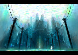Rule 34 | 1girl, city, denki, highres, letterboxed, original, power lines, revision, scenery, solo, underwater