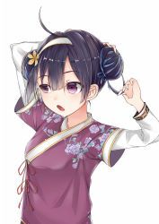 Rule 34 | 1girl, absurdres, ahoge, aiqing, arms up, azur lane, black hair, blue ribbon, blush, breasts, double bun, flower, hair bun, hair flower, hair ornament, hair ribbon, hairband, highres, long sleeves, looking at viewer, medium breasts, ning hai (azur lane), open mouth, purple eyes, ribbon, short hair, simple background, solo, upper body, white background