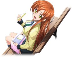 Rule 34 | 1girl, artist request, black skirt, blue socks, breasts, cloth, code geass, code geass: lost stories, collared shirt, dutch angle, female focus, food, from above, from side, game cg, green necktie, hair between eyes, hand up, happy, holding, holding food, holding sandwich, jacket, kneehighs, layered sleeves, long hair, long sleeves, looking at viewer, lunchbox, medium breasts, miniskirt, necktie, non-web source, official art, on bench, open mouth, orange hair, pencil skirt, sandwich, school uniform, shirley fenette, shirt, sidelocks, sitting, skirt, smile, socks, solo, transparent background, white shirt, yellow eyes, yellow jacket