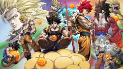 Rule 34 | 6+boys, abs, absurdres, aura, bag, baggy pants, bare pectorals, black hair, blonde hair, blue eyes, blue hair, blue sash, blue wristband, body hair, boots, clenched hands, closed eyes, closed mouth, collarbone, crossed arms, dated, dragon ball, dragon ball (object), dragon ball gt, dragon ball super, dragonball z, fanfic, fighting, fighting stance, flying, flying nimbus, golden oozaru, green eyes, grin, hair between eyes, highres, holding, holding bag, holding polearm, holding weapon, large pectorals, long hair, looking at viewer, multiple boys, muscular, muscular male, ruyi jingu bang, one eye closed, oozaru, pants, pectorals, polearm, qingyun zhizhe, red eyes, red hair, sash, sharp teeth, sitting, sleeveless, smile, son goku, spacecraft, spiked hair, standing, super saiyan, super saiyan 2, super saiyan 3, super saiyan 4, super saiyan blue, super saiyan god, tail, teeth, torn clothes, ultra instinct, weapon, white eyes, white hair, yellow eyes