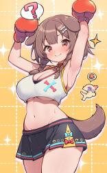 Rule 34 | 1boy, 1girl, animal collar, animal ears, armpits, breasts, brown eyes, brown hair, cheerleader, cleavage, collar, copyright request, dog ears, highres, hololive, inugami korone, kani bonara, large breasts, looking at viewer, miniskirt, pleated skirt, skirt, smile, solo focus, sweat, thighs, underboob, virtual youtuber