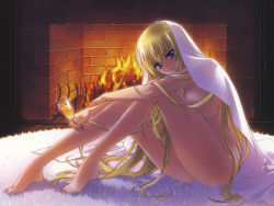 Rule 34 | 1girl, backlighting, barefoot, bed sheet, blanket, blonde hair, blue eyes, breasts, carnelian, censored, cleavage, convenient censoring, cup, drinking glass, feet, fireplace, hugging own legs, irisdina bernhard, large breasts, legs, light smile, lips, long hair, long legs, looking at viewer, muv-luv, muv-luv alternative, naked sheet, nude, rug, schwarzesmarken, sitting, smile, solo, thighs, very long hair, wine glass