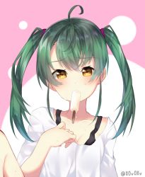 Rule 34 | 10s, 1girl, ahoge, bad id, bad pixiv id, blush, breasts, casual, circle, cleavage, collarbone, dripping, eyebrows, eyelashes, food, food in mouth, green hair, hair ornament, kantai collection, long hair, looking at viewer, miyakura shiiha, mouth hold, popsicle, shirt, small breasts, solo, sweat, t-shirt, twintails, twitter username, upper body, yellow eyes, zuikaku (kancolle)