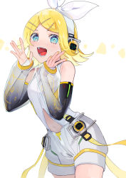 Rule 34 | 1girl, absurdres, aqua eyes, bare shoulders, blonde hair, blue eyes, bow, breasts, clothing cutout, detached sleeves, hair bow, hair ornament, hairclip, headphones, highres, kagamine rin, kagamine rin (append), leaning forward, looking at viewer, medium hair, nail polish, navel, navel cutout, open mouth, saz8720, see-through, see-through sleeves, shorts, shouting, simple background, sleeveless, small breasts, smile, solo, swept bangs, vocaloid, vocaloid append, white background, yellow nails