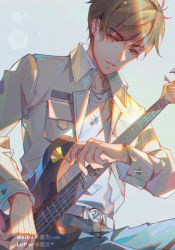 Rule 34 | 1boy, bai qi (love and producer), belt, belt buckle, blue pants, brown eyes, brown hair, brown jacket, buckle, earrings, grey background, grin, guitar, highres, holding, holding instrument, instrument, jacket, jewelry, long sleeves, looking at viewer, love and producer, necklace, open clothes, open jacket, open mouth, pants, rabbitcamilla, shirt, simple background, smile, solo, teeth, white shirt