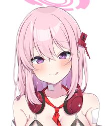 Rule 34 | 1girl, :q, blue archive, blush, breasts, collarbone, commentary request, eimi (blue archive), hair between eyes, halo, headphones, headphones around neck, highres, large breasts, looking at viewer, murase48, necktie, pink hair, pink halo, purple eyes, red necktie, short hair, simple background, solo, tongue, tongue out, upper body, white background, zipper bikini