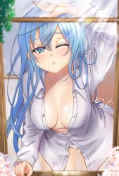 Rule 34 | 1girl, artist name, bingsang, blue eyes, blue hair, blush, breasts, cleavage, collarbone, colored eyelashes, cowboy shot, day, female focus, flower, hair between eyes, half-closed eye, indoors, large breasts, leaning forward, light rays, long hair, looking outside, no bra, no pants, one eye closed, open clothes, open shirt, original, panties, partially unbuttoned, shiny skin, shirt, solo, standing, sunlight, underwear, white panties, white shirt, window
