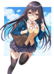 Rule 34 | 1girl, :o, bad id, bad pixiv id, bag, black hair, black skirt, black thighhighs, blazer, blue jacket, blue sky, brown cardigan, brown eyes, buttons, cardigan, cloud, collared shirt, day, duffel bag, glasses, hair between eyes, hair ornament, hairclip, harimoji, highres, jacket, leg up, long hair, long sleeves, looking at viewer, miniskirt, neck ribbon, open clothes, open jacket, open mouth, original, plaid, plaid skirt, pleated skirt, red-framed eyewear, red ribbon, ribbon, school bag, school uniform, shirt, skirt, sky, solo, thighhighs, white shirt, wing collar, zettai ryouiki
