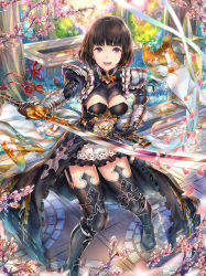 Rule 34 | 1girl, :d, armor, armored dress, back bow, black dress, black gloves, black thighhighs, bow, branch, breasts, brown hair, commentary request, dress, erika (shadowverse), flower, gauntlets, gloves, grass, highres, hourainingyou, juliet sleeves, katana, large breasts, long sleeves, open mouth, outdoors, pauldrons, petals, puffy sleeves, red eyes, ribbon, scabbard, shadowverse, sheath, short hair, shoulder armor, smile, solo, spring (season), standing, sword, thighhighs, tree, unsheathed, weapon, white bow, white ribbon