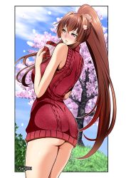 Rule 34 | 10s, 1girl, alternate costume, aran sweater, artist name, ass, bare arms, bare shoulders, blush, breasts, brown eyes, brown hair, cable knit, cherry blossoms, closed mouth, cowboy shot, dress, flower, from behind, hair flower, hair ornament, high ponytail, itachou, kantai collection, large breasts, long hair, nose blush, panties, unworn panties, sidelocks, solo, sweater, sweater dress, underwear, very long hair, yamato (kancolle)