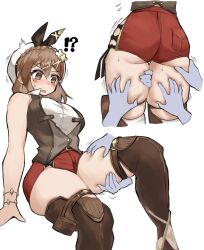 Rule 34 | !?, 1girl, artist request, ass, ass grab, atelier (series), atelier ryza, atelier ryza 3, bare shoulders, blush, boots, breasts, brown eyes, brown hair, deep skin, disembodied hands, embarrassed, from behind, hair ornament, hair ribbon, hairclip, hat, huge ass, large breasts, leg grab, legs, looking down, open mouth, ou088, red shorts, reisalin stout, ribbon, short hair, short shorts, shorts, solo focus, thick thighs, thigh boots, thighhighs, thighs, vest
