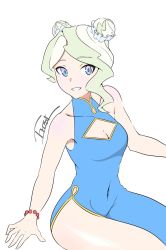 Rule 34 | 1girl, breasts, bun cover, china dress, chinese clothes, collarbone, covered navel, diana cavendish, double bun, dress, frost65738847, green hair, hair bun, highres, little witch academia, looking at viewer, purple eyes, signature, small breasts, smile, solo