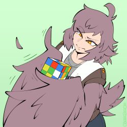 Rule 34 | 1girl, absurdres, ahoge, artist name, bird tail, bomber jacket, brown feathers, brown hair, brown wings, commentary, english commentary, feathers, green background, harpy, highres, holding, jacket, jewelry, long hair, monster girl, necklace, orange eyes, original, rawgreen, rubik&#039;s cube, simple background, sleeveless, sleeveless jacket, slit pupils, solo, tail, vinny the pidgeon harpy, winged arms, wings