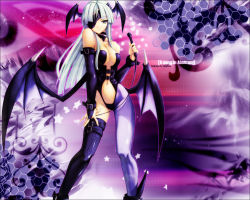 Rule 34 | 1girl, alternate costume, alternate hair color, asymmetrical clothes, bare shoulders, bat wings, boots, breasts, buckle, capcom, cleavage, demon girl, elbow gloves, english text, eyepatch, fingerless gloves, gloves, green eyes, head wings, legs, long hair, midriff, morrigan aensland, nail polish, official art, official wallpaper, pantyhose, purple theme, shingo (missing link), single thighhigh, skin tight, slit pupils, smile, solo, star (symbol), tan, text focus, thighhighs, translated, vampire (game), wallpaper, whip, white hair, wings