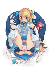 Rule 34 | 1girl, blonde hair, blue eyes, blush, boots, breasts, caee penguin, censored, convenient censoring, dress, flower, gloves, granado espada, highres, long hair, looking at viewer, medium breasts, open mouth, panties, partially visible vulva, pointless censoring, pussy, pussy juice, pussy juice stain, sitting, smile, solo, spread pussy, spread pussy under clothes, stuffed animal, stuffed rabbit, stuffed toy, teddy bear, teeth, toy, underwear, valeria (granado espada), wet, wet clothes, wet panties