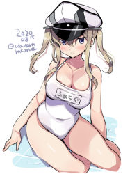 Rule 34 | 1girl, blonde hair, breasts, cleavage, competition school swimsuit, dated, graf zeppelin (kancolle), grey eyes, hair between eyes, hat, kantai collection, large breasts, name tag, odawara hakone, one-piece swimsuit, peaked cap, school swimsuit, sidelocks, simple background, sitting, solo, swimsuit, twintails, twitter username, white background, white hat, white one-piece swimsuit, yokozuwari