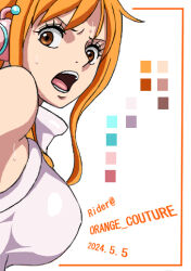Rule 34 | 1girl, 2024, artist logo, artist name, breasts, brown eyes, egghead island, english text, female focus, large breasts, long hair, nami (one piece), one piece, open mouth, orange hair, rider (orange couture), text focus, translation request