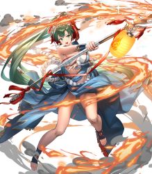 Rule 34 | 1girl, bare shoulders, breasts, cuboon, earrings, feet, female focus, fire, fire emblem, fire emblem: the blazing blade, fire emblem heroes, full body, fur trim, green eyes, green hair, highres, holding, holding polearm, holding weapon, japanese clothes, jewelry, lantern, large breasts, lips, long hair, looking away, lyn (fire emblem), mask, mask on head, matching hair/eyes, medium breasts, nintendo, non-web source, official art, open mouth, paper lantern, polearm, ponytail, rope, sarashi, smile, solo, sparkle, spear, teeth, thighs, toes, transparent background, upper teeth only, vambraces, weapon