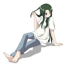 Rule 34 | 1girl, barefoot, green hair, highres, otesho, playing with hair, simple background, suzumiya haruhi no yuuutsu, tsuruya, yellow eyes