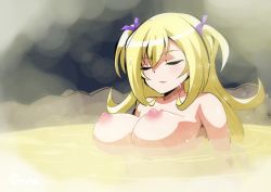 Rule 34 | 1girl, ake no hoshi no elise, battle spirits, blonde hair, blush, breasts, closed eyes, closed mouth, female focus, floating breasts, large breasts, light blush, long hair, nipples, nude, oda koziki, onsen, partially submerged, saikyou ginga ultimate zero ~battle spirits~, signature, sitting, solo, steam, twintails, upper body, water, wet