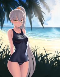 Rule 34 | 1girl, arms behind back, bare shoulders, beach, black one-piece swimsuit, blush, breasts, character name, cloel, closed mouth, clothes writing, cloud, cloudy sky, collarbone, competition school swimsuit, covered navel, cowboy shot, d:, day, embarrassed, from side, frown, girls&#039; frontline, grass, grey hair, hair between eyes, hair ornament, hair scrunchie, legs together, long hair, looking at viewer, medium breasts, name tag, ocean, one-piece swimsuit, open mouth, outdoors, palm tree, pkp (girls&#039; frontline), school swimsuit, scrunchie, side ponytail, skin tight, sky, solo, standing, swimsuit, thighs, tree, very long hair, yellow eyes