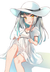 Rule 34 | 1girl, alternate costume, alternate hairstyle, clothes lift, collarbone, comah, dress, dress lift, grey hair, hair down, hat, highres, kantai collection, kasumi (kancolle), lifting own clothes, long hair, open mouth, puffy short sleeves, puffy sleeves, short sleeves, simple background, solo, white background, white dress, white hat, yellow eyes