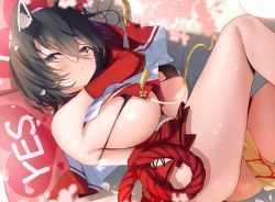 Rule 34 | 1girl, animal ears, black eyes, black hair, blue archive, breasts, crop top, crop top overhang, half-closed eyes, large breasts, medium hair, miniskirt, nidaime (doronbo), red sailor collar, revealing clothes, sailor collar, sideless outfit, skirt, solo, tassel, thighs, tsubaki (blue archive), yes-no pillow