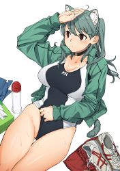 Rule 34 | 1girl, ahoge, animal ears, arm up, bad id, bad pixiv id, bare legs, black choker, black one-piece swimsuit, blush, breasts, cat ears, cat tail, choker, cleavage, cleft of venus, closed mouth, clothing aside, commentary, competition swimsuit, gluteal fold, green hair, green jacket, groin, hair between eyes, hand on own head, highres, jacket, kr ohoshisama, large breasts, long hair, one-piece swimsuit, open clothes, open jacket, original, pants, unworn pants, partially visible vulva, red eyes, shoes, unworn shoes, simple background, sneakers, solo, sweat, sweatpants, swimsuit, swimsuit aside, tail, thigh gap, thighs, tissue box, two-tone swimsuit, two side up, unzipped, white background, white one-piece swimsuit