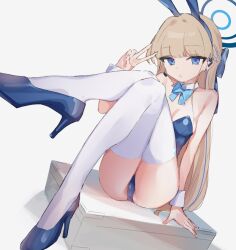 Rule 34 | 1girl, animal ears, blonde hair, blue archive, blue bow, blue bowtie, blue eyes, blue footwear, blue leotard, bow, bowtie, breasts, detached collar, epi zero, fake animal ears, halo, high heels, highres, knees, leotard, long hair, looking at viewer, medium breasts, playboy bunny, rabbit ears, shoes, simple background, sitting, solo, thighhighs, toki (blue archive), toki (bunny) (blue archive), v, white background, white thighhighs, wrist cuffs