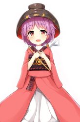Rule 34 | 1girl, bad id, bad pixiv id, bowl, bowl hat, hands on own chest, hat, highres, japanese clothes, kimono, long sleeves, looking at viewer, needle, obi, ocha (ochappie), open mouth, purple hair, red eyes, sash, short hair, smile, solo, sukuna shinmyoumaru, touhou, wide sleeves