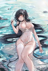 Rule 34 | 1girl, absurdres, azur lane, bare arms, bare shoulders, black hair, blush, breasts, covered navel, dress, feet out of frame, garter straps, hair ornament, highres, in water, large breasts, long hair, looking at viewer, lying, nipples, official alternate costume, on back, outdoors, parted lips, red eyes, see-through, smile, solo, taihou (azur lane), taihou (temptation on the sea breeze) (azur lane), thighhighs, thighs, water, wet, white dress, white thighhighs, yajuu