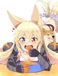 Rule 34 | 1girl, absurdres, animal, animal ears, ass, bad id, bad pixiv id, blonde hair, blue eyes, blush, bowl, breasts, cleavage, covered erect nipples, dog, dog ears, dog girl, dog tail, doge, eating, g41 (girls&#039; frontline), gauntlets, girls&#039; frontline, hair between eyes, hair ornament, heart, heterochromia, highres, kemonomimi mode, long hair, meme, multiple views, noria, open mouth, panties, pet bowl, pet food, red eyes, small breasts, tail, underwear, very long hair, white background, white panties