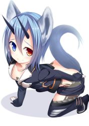 Rule 34 | 1girl, animal ears, blue hair, butt plug, butt plug tail, clothes pull, heterochromia, highres, horns, io (pso2), looking at viewer, phantasy star, phantasy star online 2, sex toy, short hair, shorts, shorts pull, solo, sukage, tail, tattoo, thighhighs