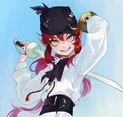 Rule 34 | 1girl, black headwear, commentary, eyepatch, eyepatch lift, facial scar, gemi ningen, gradient background, grin, handkerchief, holding hands, hook hand, long hair, long sleeves, original, petite, pirate, puffy sleeves, rapier, red hair, scar, scar on cheek, scar on face, scar on nose, sharp teeth, simple background, slit pupils, smile, solo, sword, sword behind back, symbol-only commentary, teeth, weapon, yellow eyes