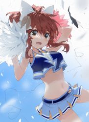 Rule 34 | 1girl, arm up, bare arms, bare shoulders, blue shirt, blue skirt, bow, breasts, brown eyes, brown hair, cheerleader, cowboy shot, crop top, crop top overhang, curled horns, demon girl, fang, hair bow, hand up, highres, holding, holding pom poms, horns, long hair, looking at viewer, machikado mazoku, medium breasts, midriff, minakata sunao, miniskirt, navel, open mouth, pleated skirt, pom pom (cheerleading), ponytail, shirt, skirt, sleeveless, sleeveless shirt, solo, stomach, tearing up, wavy mouth, yoshida yuuko (machikado mazoku)