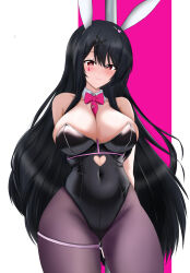 Rule 34 | 1girl, animal ears, arms behind back, black hair, black leotard, breasts, clothing cutout, cosplay, cutout above navel, detached collar, fake animal ears, fusou (kancolle), gluteal fold, hair ornament, hatsune miku, hatsune miku (cosplay), heart, heart-shaped pupils, heart cutout, highleg, highleg leotard, highres, kanoson, kantai collection, large breasts, leotard, long hair, pantyhose, playboy bunny, pole, purple pantyhose, rabbit ears, rabbit hole (vocaloid), red eyes, solo, stomach cutout, strapless, strapless leotard, stripper pole, symbol-shaped pupils, teardrop facial mark, very long hair, x hair ornament