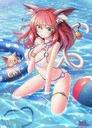 Rule 34 | 1girl, animal ears, arm between breasts, arm support, ball, bare shoulders, beachball, bell, between breasts, bikini, blush, bracelet, breasts, cat, cat ears, cat tail, cleavage, female focus, green eyes, hair ornament, hairclip, halterneck, highres, innertube, jewelry, large breasts, lens flare, long hair, looking at viewer, million arthur (series), navel, o-ring, o-ring bikini, o-ring bottom, o-ring top, open mouth, original, parted lips, partially submerged, ranken, red hair, shiny skin, sitting, solo, swim ring, swimsuit, tail, tail bell, tail ornament, wariza, wet, white bikini