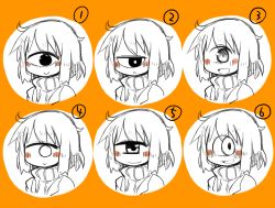 Rule 34 | 1girl, :&gt;, :&lt;, :d, blush stickers, cyclops, expressions, face, facial expressions, female focus, grin, jitome, light smile, looking at viewer, masha, monochrome, multiple views, one-eyed, open mouth, orange background, original, scarf, sidelocks, simple background, sketch, smile, solid circle eyes, spot color