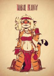 Rule 34 | 1girl, absurdres, animal ears, animal hands, animal nose, armlet, artist name, bandeau, bare shoulders, bead necklace, beads, black fur, blonde hair, blue eyes, blush, body fur, breasts, brown footwear, claws, cleavage, collarbone, earrings, english text, fangs, female focus, fox-pop vli, freckles, full body, furry, furry female, groin, hair beads, hair ornament, hairband, half-closed eyes, hand on own thigh, hand up, happy, highres, hoop earrings, jewelry, kneeling, loincloth, long hair, looking at viewer, marker (medium), medium breasts, multicolored fur, navel, necklace, nose blush, open mouth, orange fur, original, parted bangs, pelvic curtain, ponytail, pouch, red bandeau, red hairband, retro artstyle, rope, sandals, sidelocks, signature, simple background, smile, solo, stomach, straight-on, striped fur, striped tail, tail, thighs, tiger ears, tiger girl, tiger tail, traditional media, watermark, white fur, wristband, yellow background