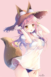Rule 34 | 10s, 1girl, animal ears, bikini, blue bikini, blush, bracelet, breasts, cleavage, ears through headwear, fate/extra, fate/grand order, fate (series), fox ears, fox tail, hat, highres, jewelry, large breasts, long hair, looking at viewer, navel, open mouth, pink background, pink hair, see-through, shirt, side-tie bikini bottom, simple background, smile, solo, sousouman, straw hat, sun hat, swimsuit, tail, tamamo (fate), tamamo no mae (fate/extra), tamamo no mae (swimsuit lancer) (fate), tamamo no mae (swimsuit lancer) (first ascension) (fate), wet, wet clothes, wet shirt, yellow eyes