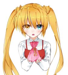 Rule 34 | 1girl, :d, alternate costume, apron, blonde hair, blue eyes, blush, casual, colored eyelashes, commentary request, eyes visible through hair, gift, gift bag, hair between eyes, heterochromia, highres, holding, holding gift, long hair, long sleeves, looking at viewer, lower teeth only, nakatsu shizuru, open mouth, red apron, rewrite, ribbon, shirt, smile, solo, straight-on, teeth, twintails, upper body, white shirt, yellow eyes, yellow ribbon, zuzuhashi