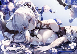 Rule 34 | 1girl, ai xiao meng, breasts, bronya zaychik, bronya zaychik (silverwing: n-ex), check commentary, cleavage, commentary request, flower, grey eyes, grey hair, hair between eyes, highres, honkai (series), honkai impact 3rd, large breasts, looking at viewer, lying