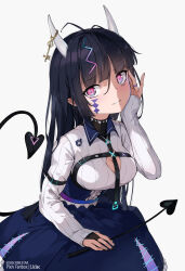 Rule 34 | 1girl, antenna hair, black hair, black nails, blue skirt, blush, breasts, bridal gauntlets, cleavage, cleavage cutout, clothing cutout, collared shirt, commentary request, demon girl, demon horns, demon tail, facial mark, frilled skirt, frills, grey background, hair ornament, high-waist skirt, highres, horns, jewelry, liclac, long hair, long sleeves, looking at viewer, medium breasts, nail polish, original, parted lips, pink eyes, riding crop, ring, shirt, simple background, skirt, sleeves past wrists, solo, tail, very long hair, white shirt